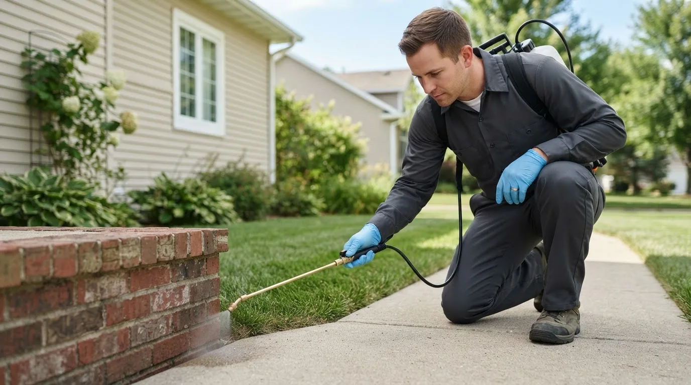 Pest control technician treating a home near Winsted, CT