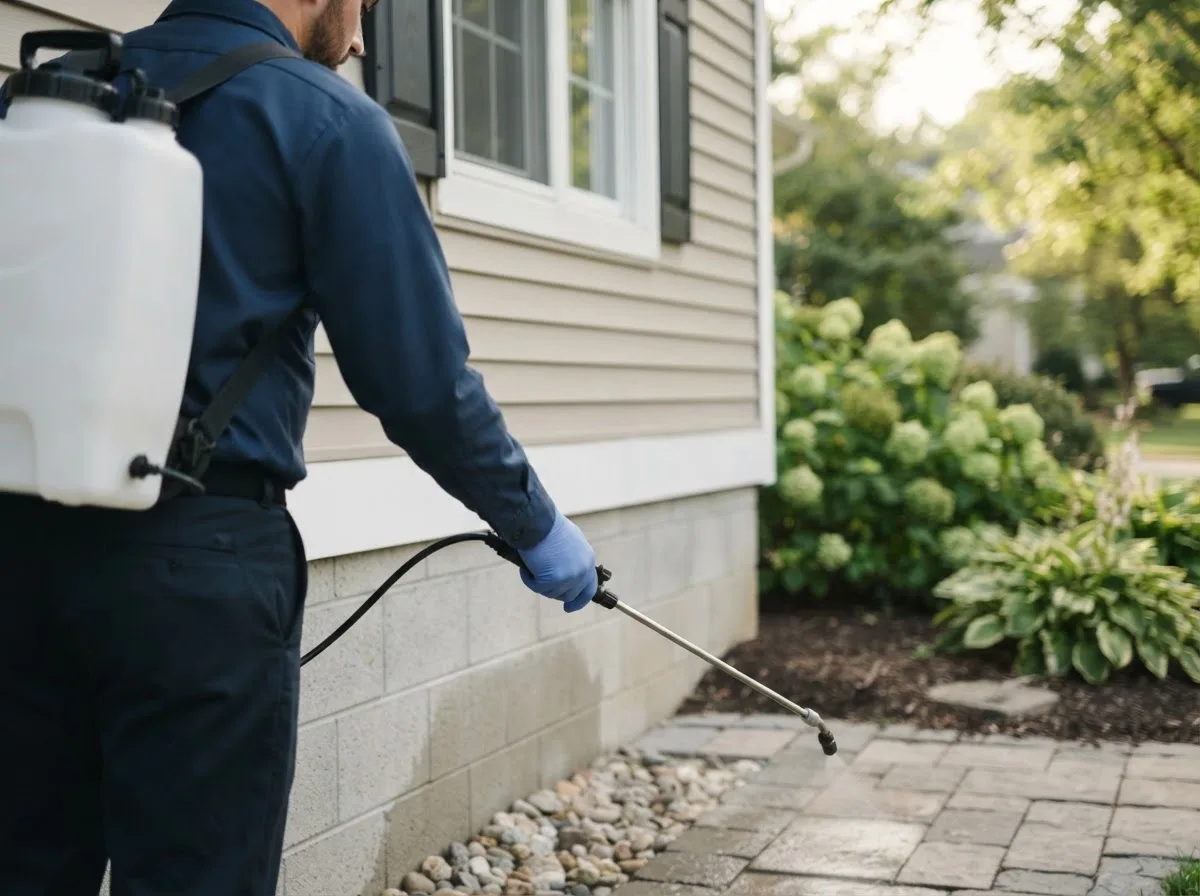 Pest control technician inspecting a home in Winsted, CT